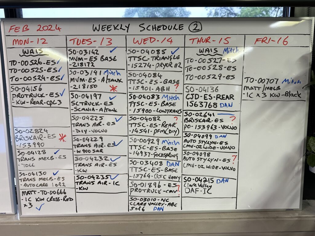 Before image showing the traditional whiteboard used for scheduling sales and transfer orders.